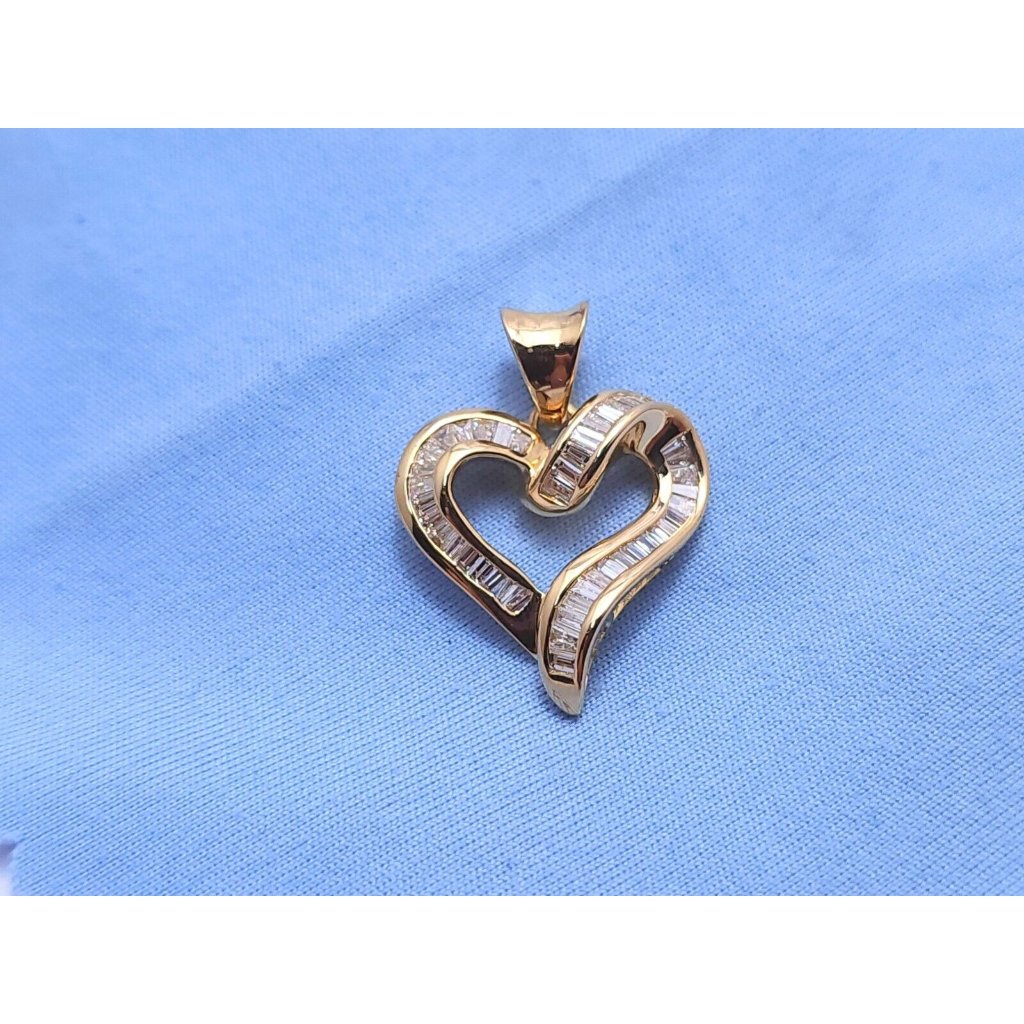 Unique 14k Karat Solid Yellow Gold Baguette Diamond Open Heart Charm Pendant